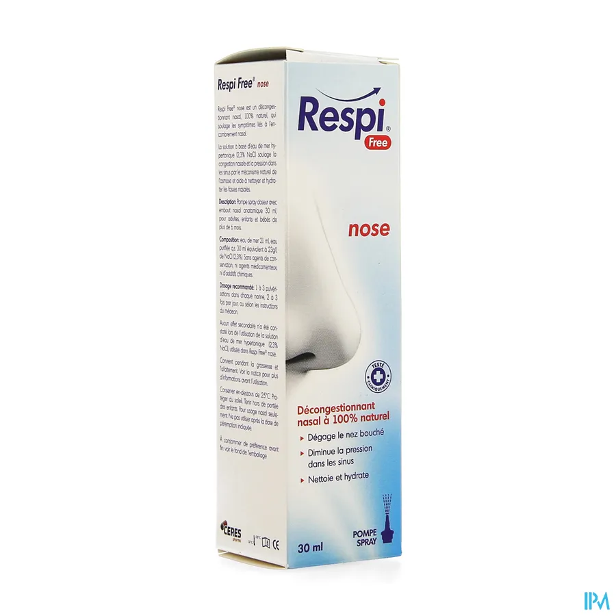 packshot van Respi Free Nose 100% Natuurlijk Decongestivum Pompspray 30 ml