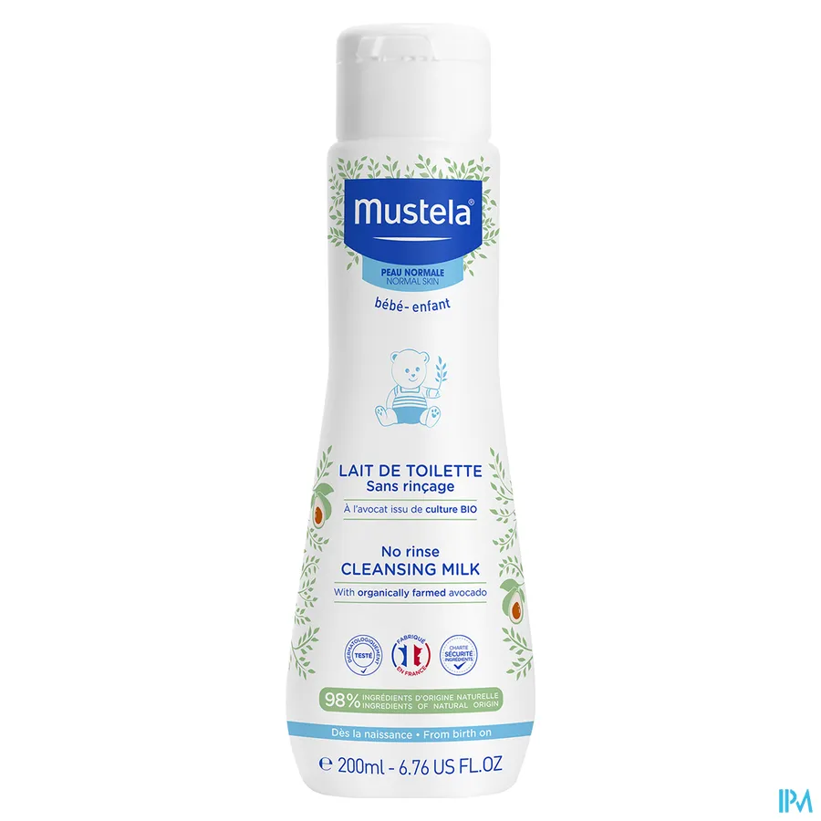 packshot van Mustela Baby en Kind Toiletmelk Zonder Spoelen voor Gelaat en Zitvlak voor Normale Huid 200 ml