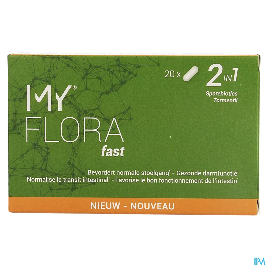 packshot van My Flora Fast voor Bevordering van Normale Stoelgang en Gezonde Darmfunctie 2 in 1 met Sporebiotica en Tormentil 20 Capsules