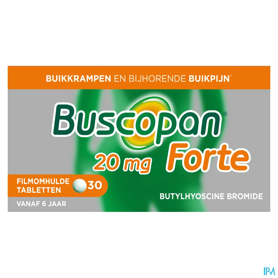 packshot van Buscopan Forte 20 mg voor Stilling van Buikkrampen 30 Tabletten