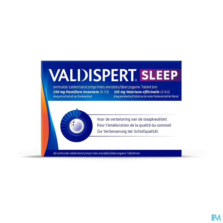 packshot van Valdispert Sleep voor Verbetering van de Slaapkwaliteit  met 125 mg Valeriaan + 250 mg Passiebloem 40 Tabletten
