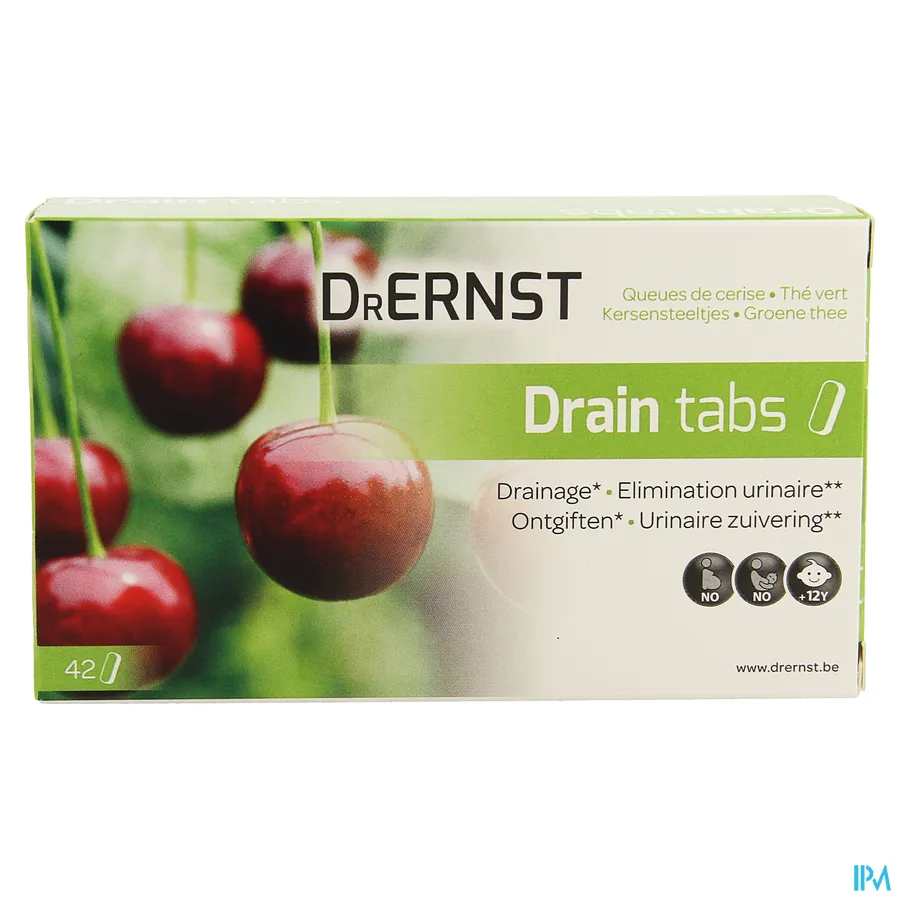 packshot van Dr Ernst Drain Tabs voor Drainering en Urinaire Zuivering met Kersensteeltjes en Groene Thee 42 Tabletten