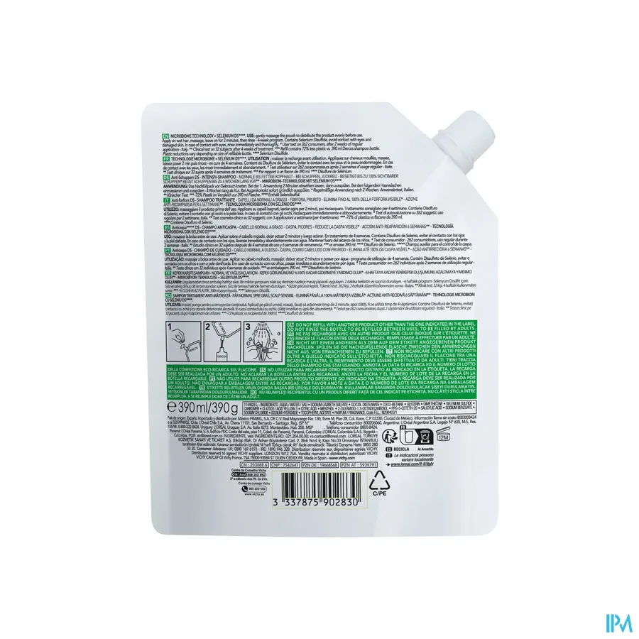 productshot van Vichy Dercos Anti-Roos DS Normaal tot Vet Haar 390 ml - Navulling