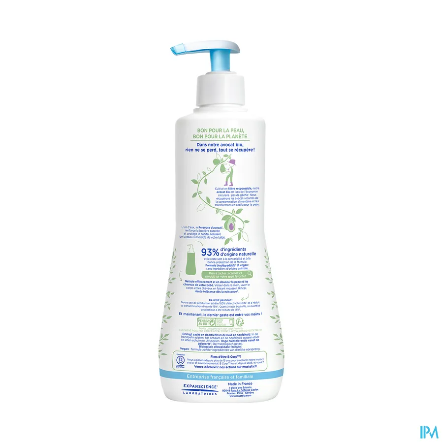 packshot van Mustela Baby en Kind Zachte Wasgel voor Reiniging en Bescherming van Lichaam en Haar voor Normale Huid Pompflacon 500 ml