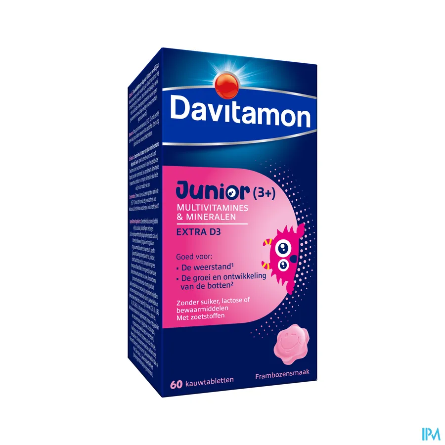 packshot van Davitamon Junior (3+) Multivitamines en Mineralen 60 Kauwtabletten met Frambozensmaak