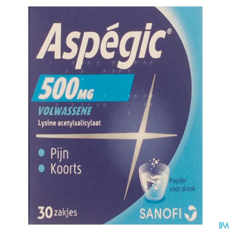packshot van Aspégic 500 mg bij Pijn en Koorts 30 Zakjes