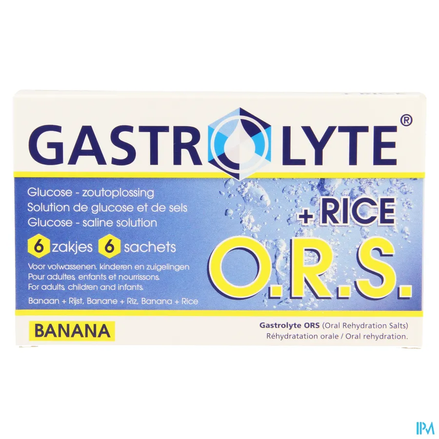 packshot van Gastrolyte O.R.S. + Rice Glucose-Zoutoplossing Banana 6 Zakjes