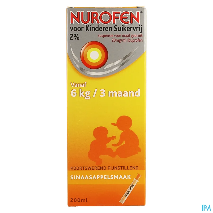 packshot van Nurofen Kind Suikervrije Siroop 2 % Sinaasappelsmaak 200 ml