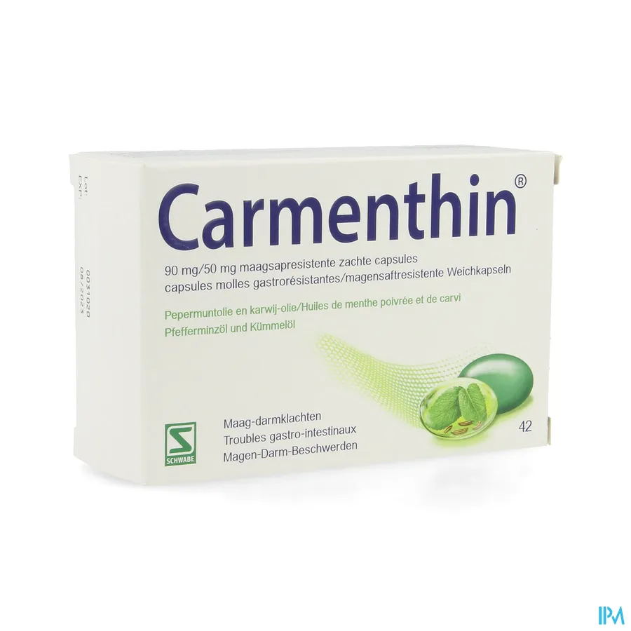 packshot van Carmenthin met Pepermuntolie en Karwij-Olie bij Maag-Darmklachten 42 Maagsapresistente Zachte Capsules