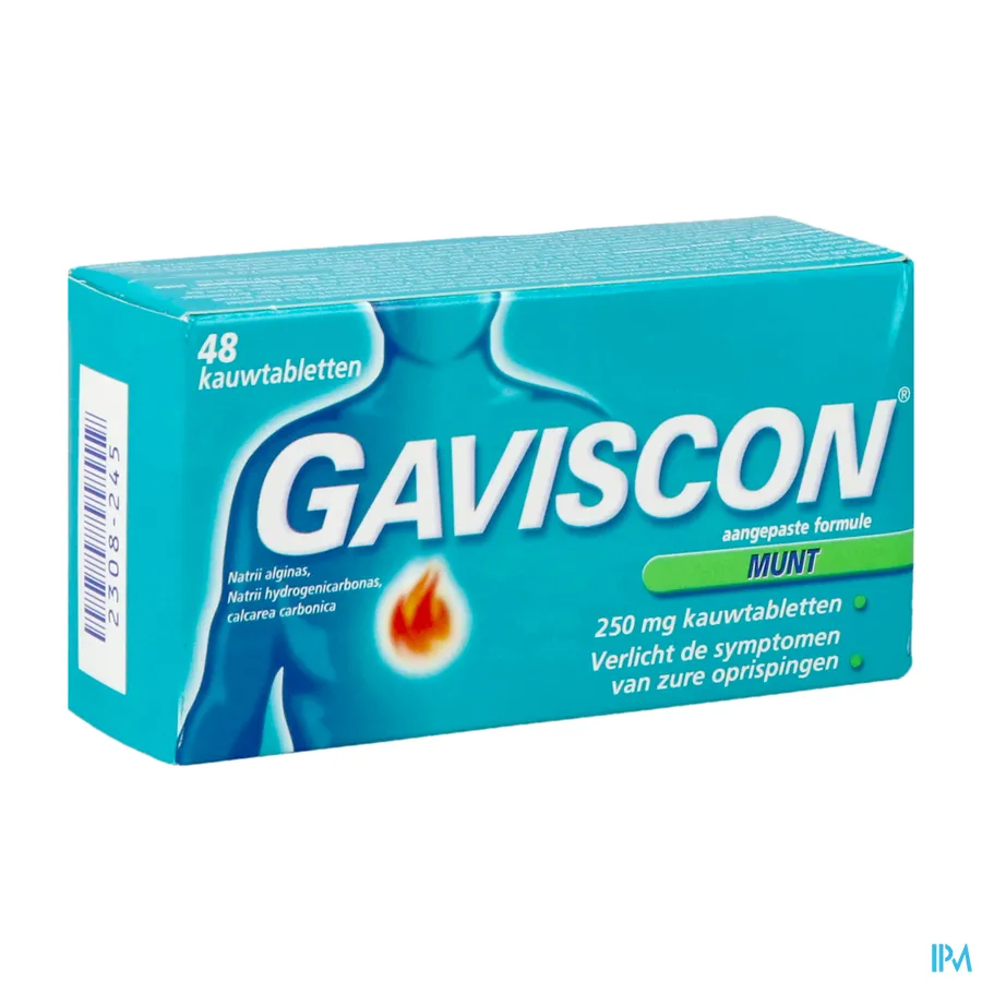 packshot van Gaviscon tegen Zure Oprispingen Muntsmaak 48 Kauwtabletten