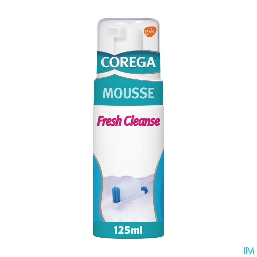 packshot van Corega Mousse Fresh Cleanse Anti-Bacteriële Reinigingsmousse voor de Gebitsprothese Pompflacon 125 ml