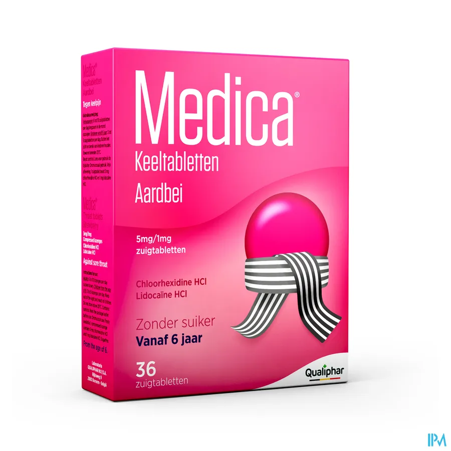 packshot van Medica Keeltabletten Aardbei 36 zuigtabletten