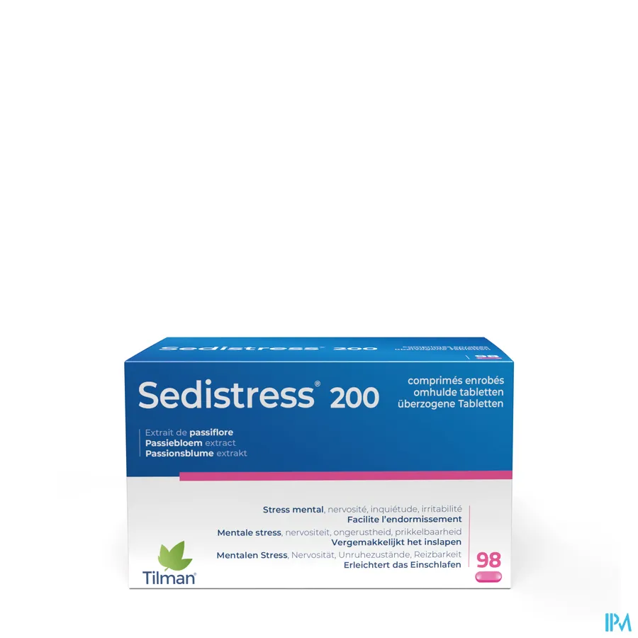 packshot van Sedistress 200 tegen Mentale Stress en Helpt bij Inslapen met Passiebloemextract 98 Tabletten