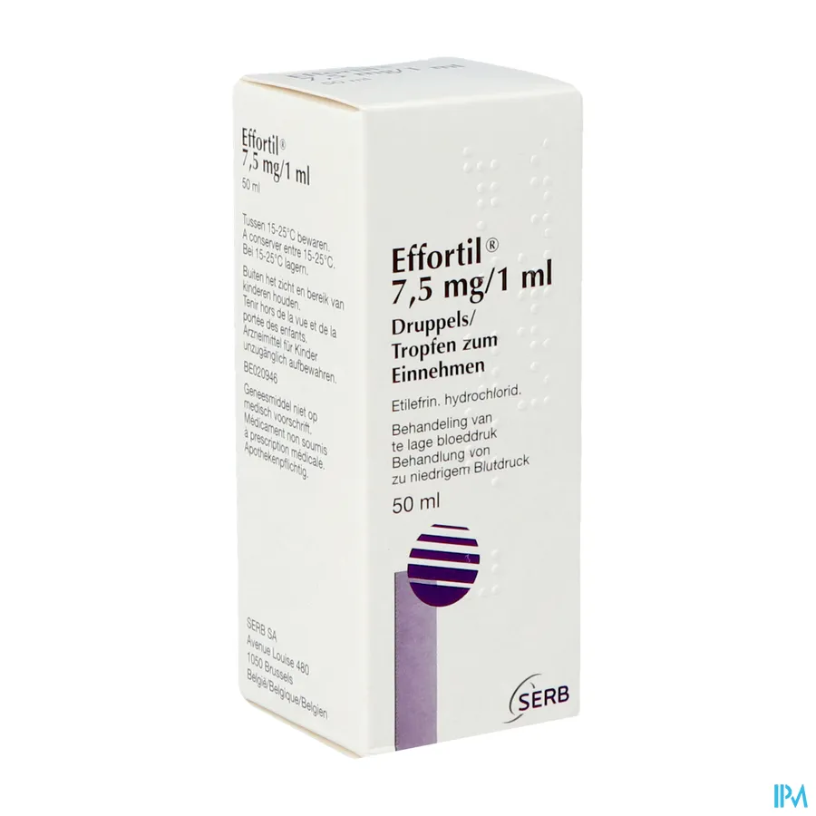 packshot van Effortil Druppels 7,5 mg/ml voor Behandeling van te Lage Bloeddruk 50 ml