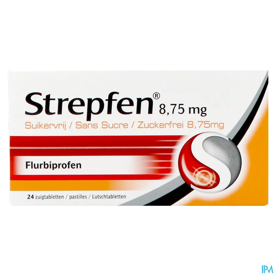 packshot van Strepfen voor Verlichting van Symptomen van Keelpijn 24 Suikervrije Zuigtabletten