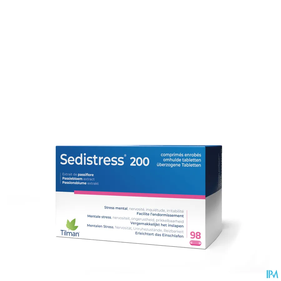 packshot van Sedistress 200 tegen Mentale Stress en Helpt bij Inslapen met Passiebloemextract 98 Tabletten