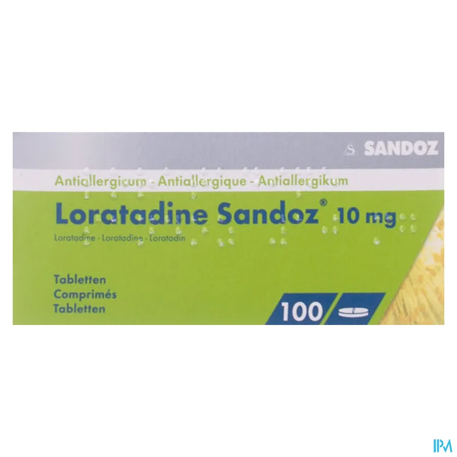 packshot van Loratadine Sandoz 10mg 100 tabl
