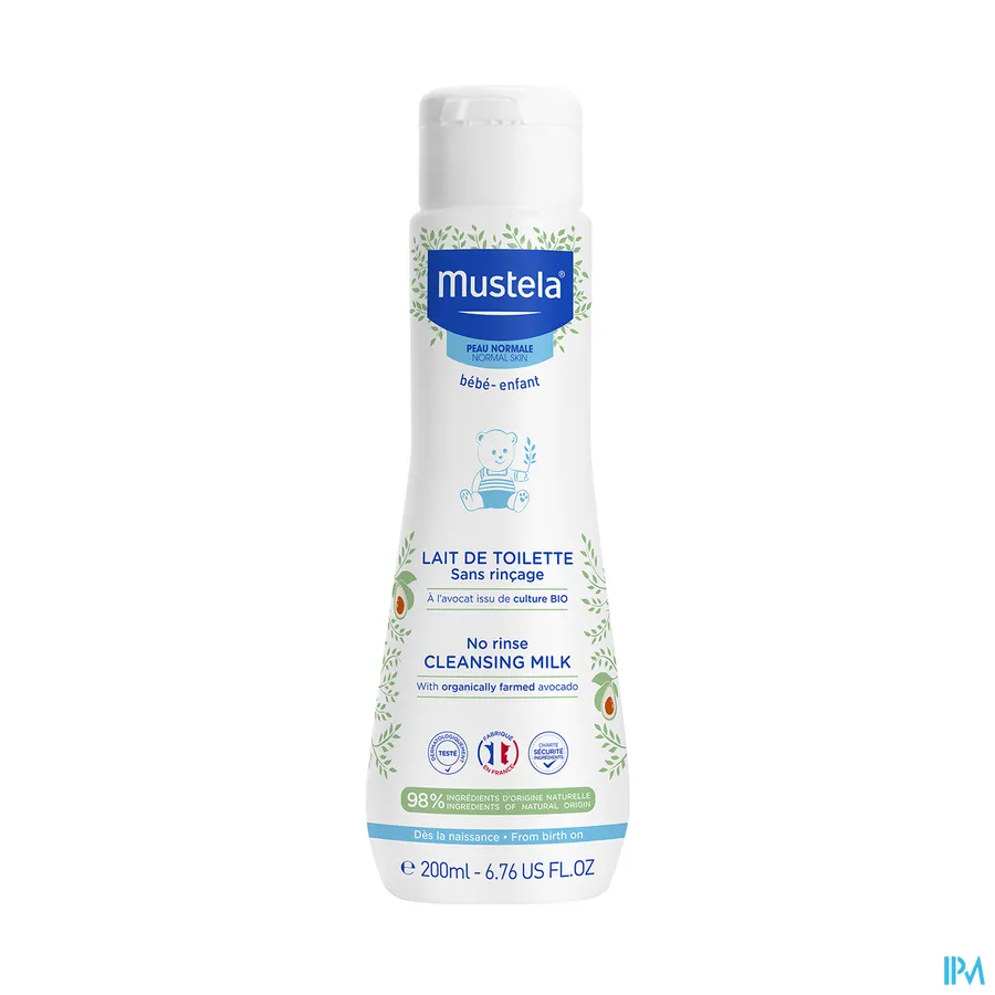 packshot van Mustela Baby en Kind Toiletmelk Zonder Spoelen voor Gelaat en Zitvlak voor Normale Huid 200 ml