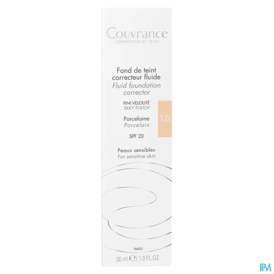 packshot van Avène Couvrance Corrigerende Vloeibare Foundation 1 Porcelaine 30 ml