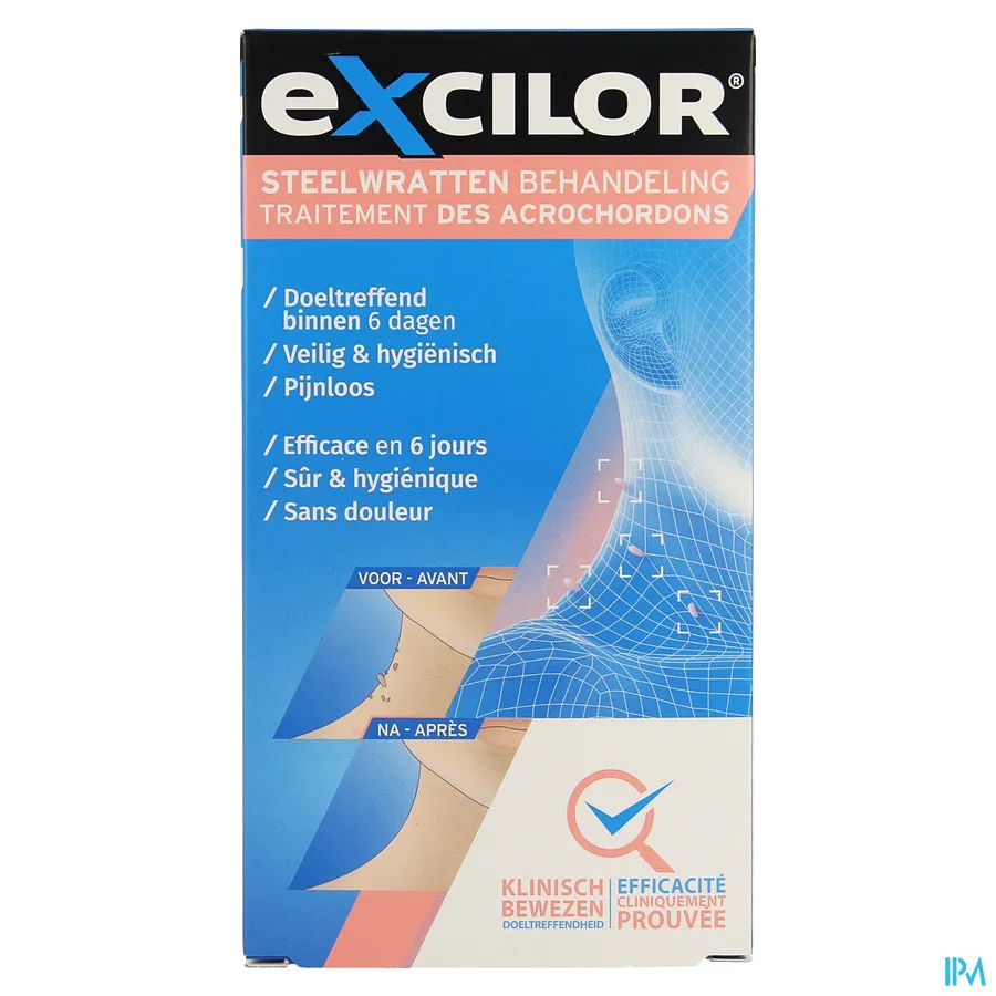 packshot van Excilor voor Veilige, Hygiënische en Pijnloze Behandeling van Steelwratten met 1 Applicator en 3 Steelwrat Pleisterklemmen