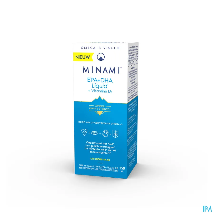 packshot van Minami Omega-3 Visolie EPA + DHA Liquid + Vitamine D3 met Citroensmaak 150 ml