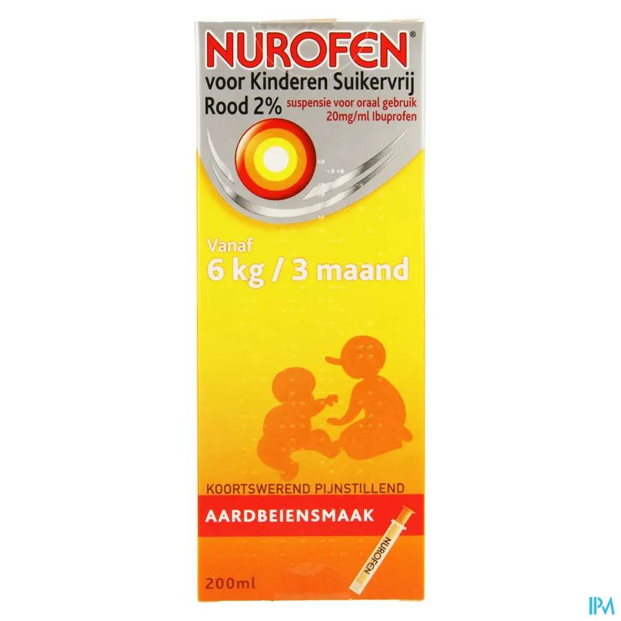 packshot van Nurofen Kind Suikervrije Siroop 2 % Aardbeiensmaak 200 ml