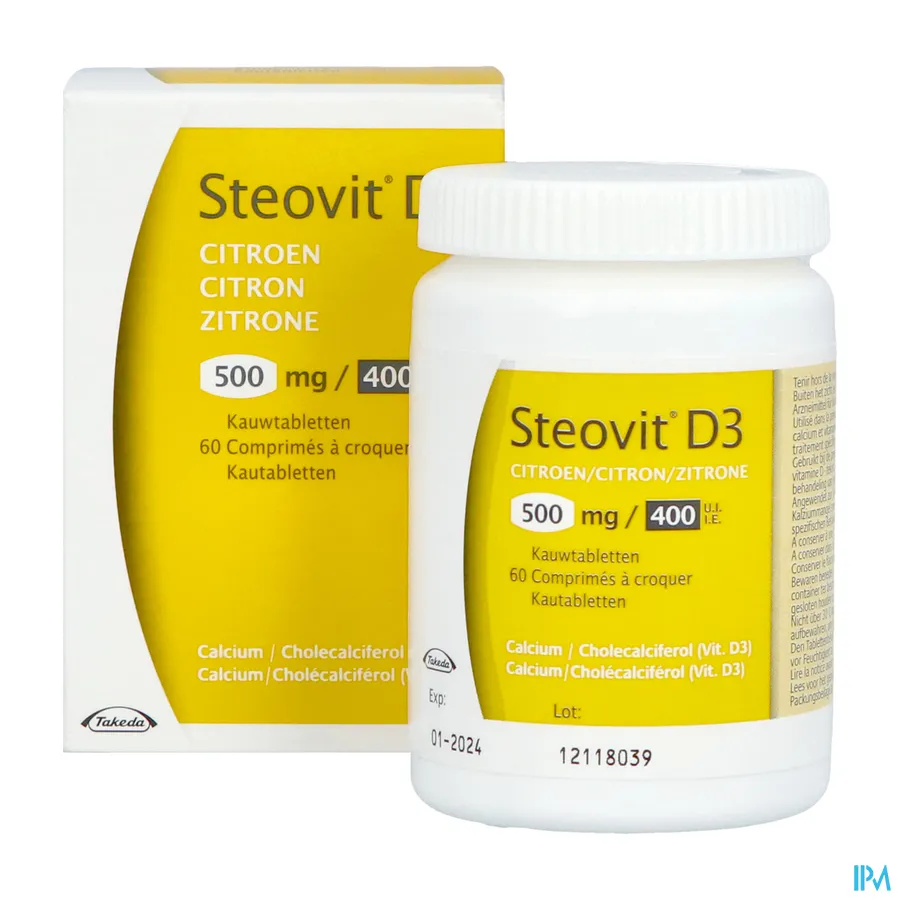 productshot van Steovit D3 500 mg Calcium + 400 IE Vitamine D3 met Citroensmaak 60 Kauwtabletten