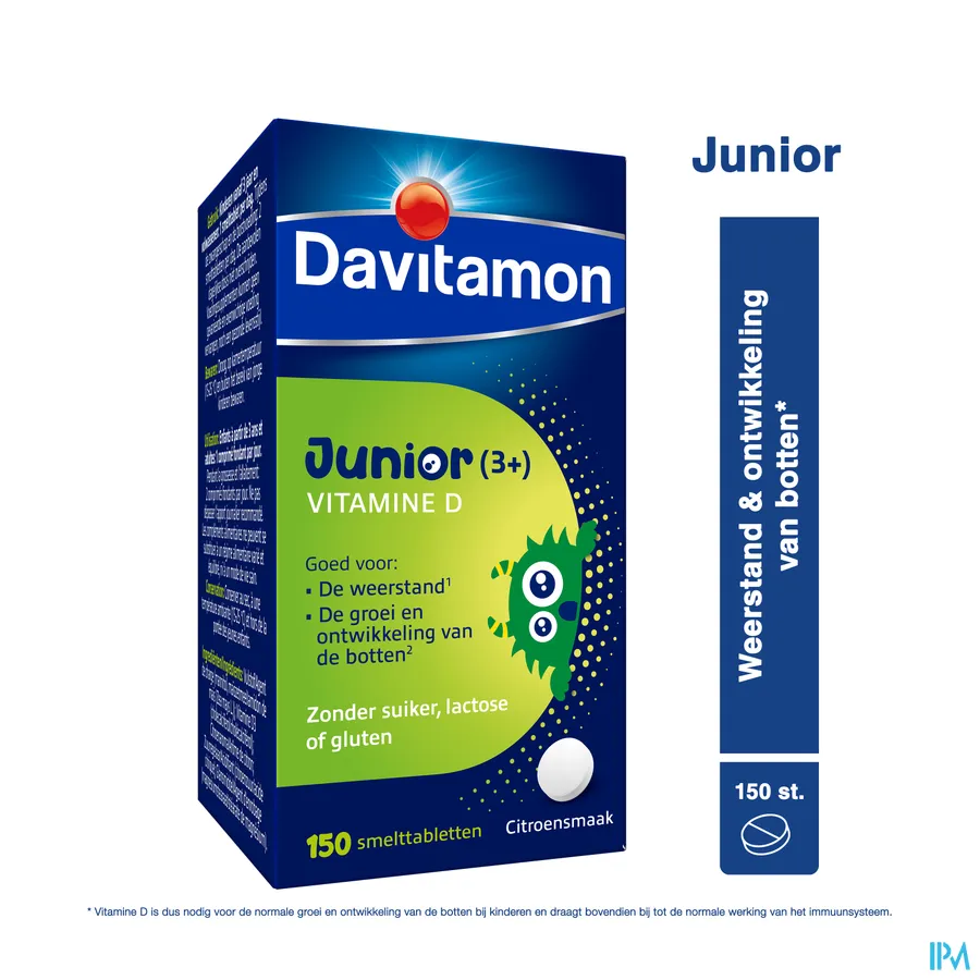 packshot van Davitamon Junior (3+) Vitamine D -Goed voor de Weerstand en de Groei en Ontwikkeling van de Botten- 150 Smelttabletten met Citroensmaak