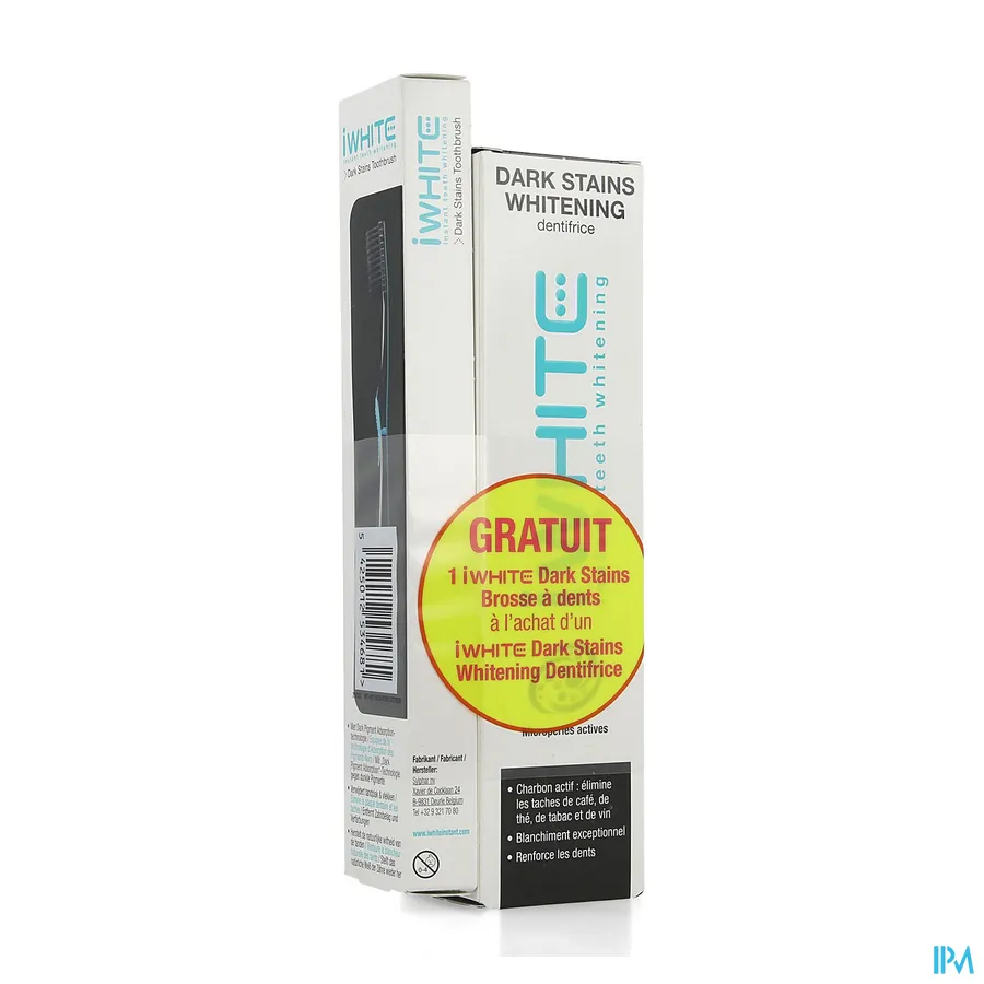 packshot van I White Dark Stains Whitening Tandpasta met Actieve Mircroparels met Geactiveerde Kool voor Verwijdering van Vlekken van Koffie, Thee, Tabak en Wijn Tube 75 ml
