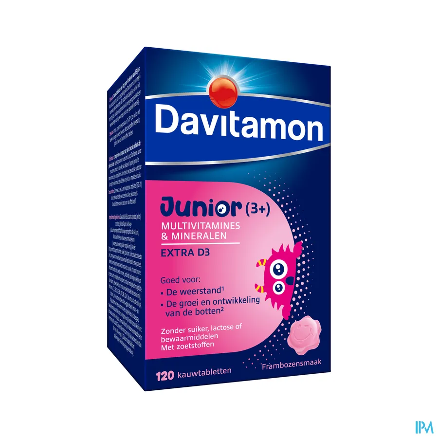 packshot van Davitamon Junior framboos 120 kauwtabletten
