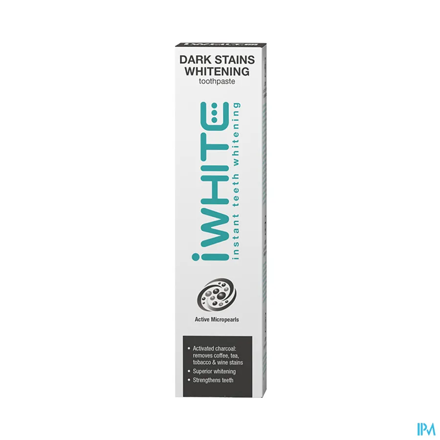 packshot van I White Dark Stains Whitening Tandpasta met Actieve Mircroparels met Geactiveerde Kool voor Verwijdering van Vlekken van Koffie, Thee, Tabak en Wijn Tube 75 ml