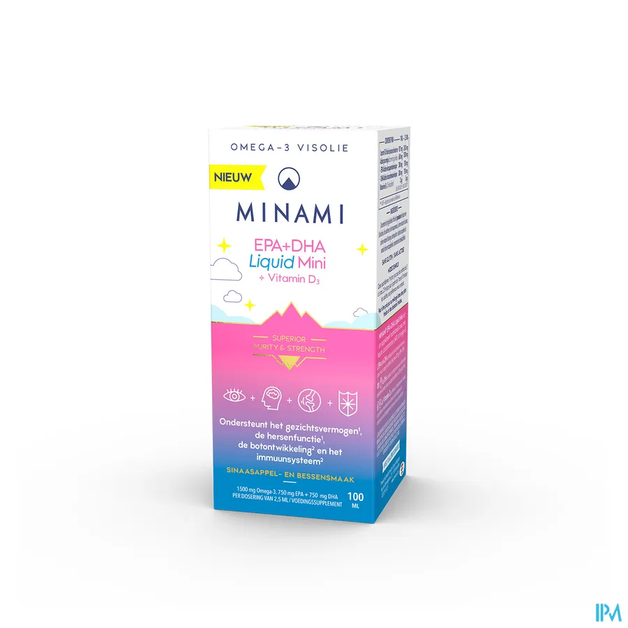 packshot van Minami Omega-3 Visolie EPA + DHA Liquid Mini + Vitamine D3 met Sinaasappel- en Bessensmaak 100 ml