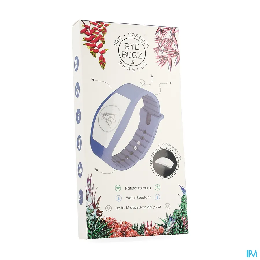 packshot van Bye Bugz Anti-Muggen Armband in Blauw met 1 Navulling