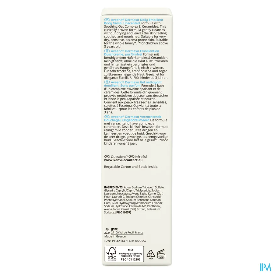 packshot van Aveeno Dermexa Verzachtende Douchegel 300 ml