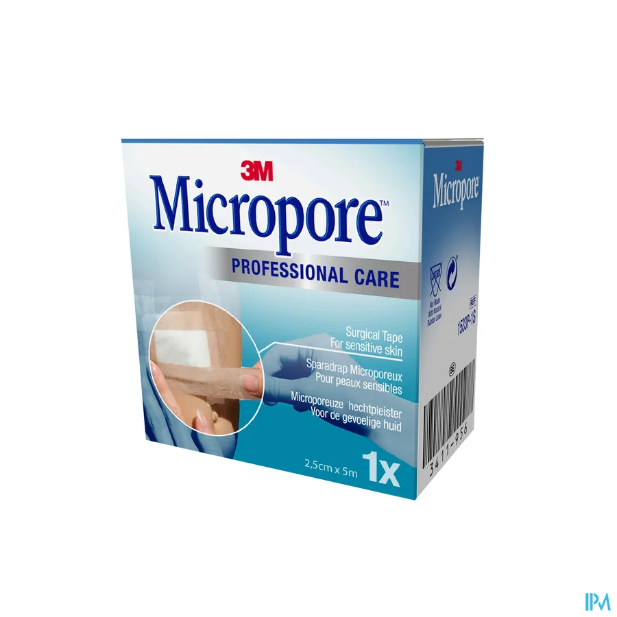 packshot van Micropore Medische Hechtpleister Wit Navulling voor de Gevoelige Huid 2,5 cm x 5 m