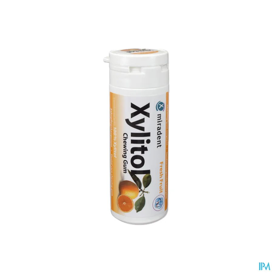 packshot van Miradent Kauwgom Xylitol Fruit 30 stuks