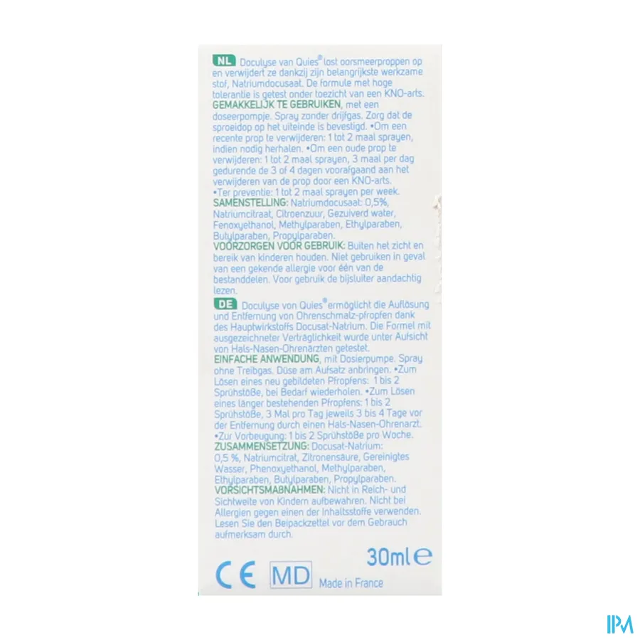 packshot van Quies Doculyse tegen Oorsmeerproppen Spray met Doseerpomp 30 ml