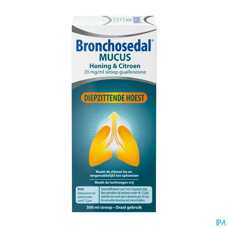 packshot van Bronchosedal Mucus Honing en Citroen bij Diepzittende Hoest Siroop 300 ml