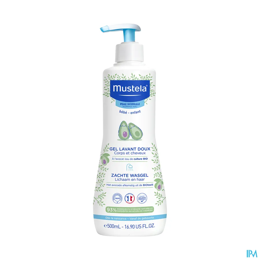 packshot van Mustela Baby en Kind Zachte Wasgel voor Reiniging en Bescherming van Lichaam en Haar voor Normale Huid Pompflacon 500 ml
