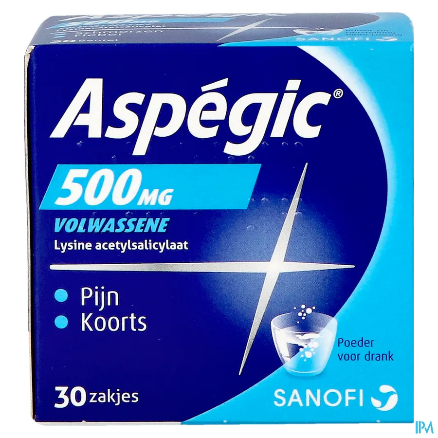 packshot van Aspégic 500 mg bij Pijn en Koorts 30 Zakjes