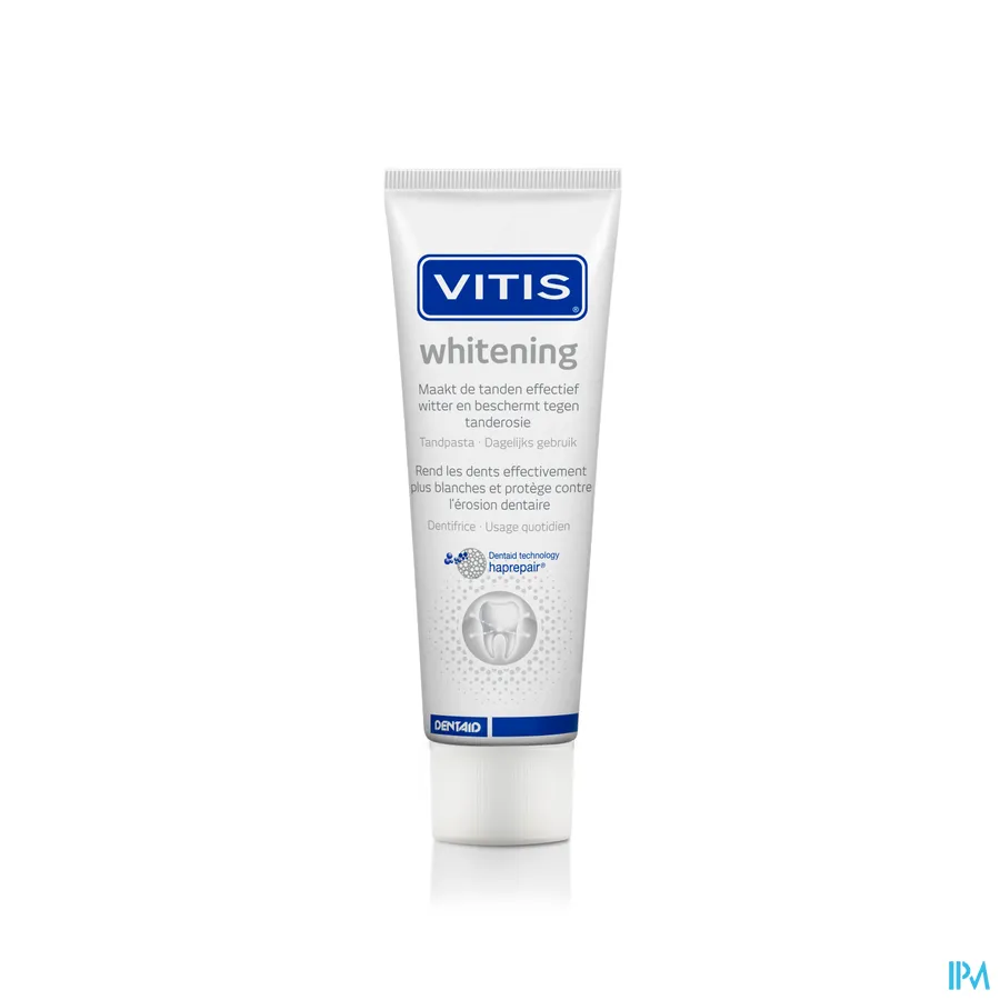 productshot van Vitis Whitening Tandpasta voor Effectief Wittere Tanden en ter Preventie van Tandgevoeligheid 75 ml
