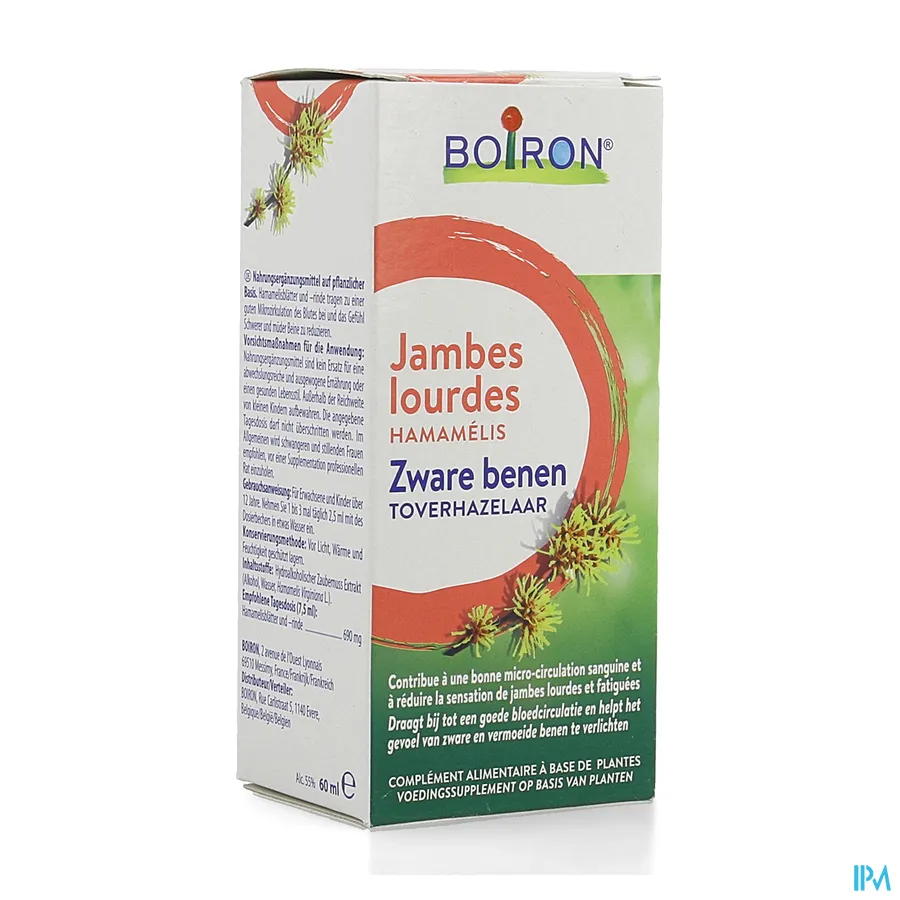 packshot van Boiron Toverhazelaar -Zware Benen- Bijdrage tot Goede Bloedcirculatie en Hulp bij het Verlichten van Gevoel van Zware Benen 60 ml