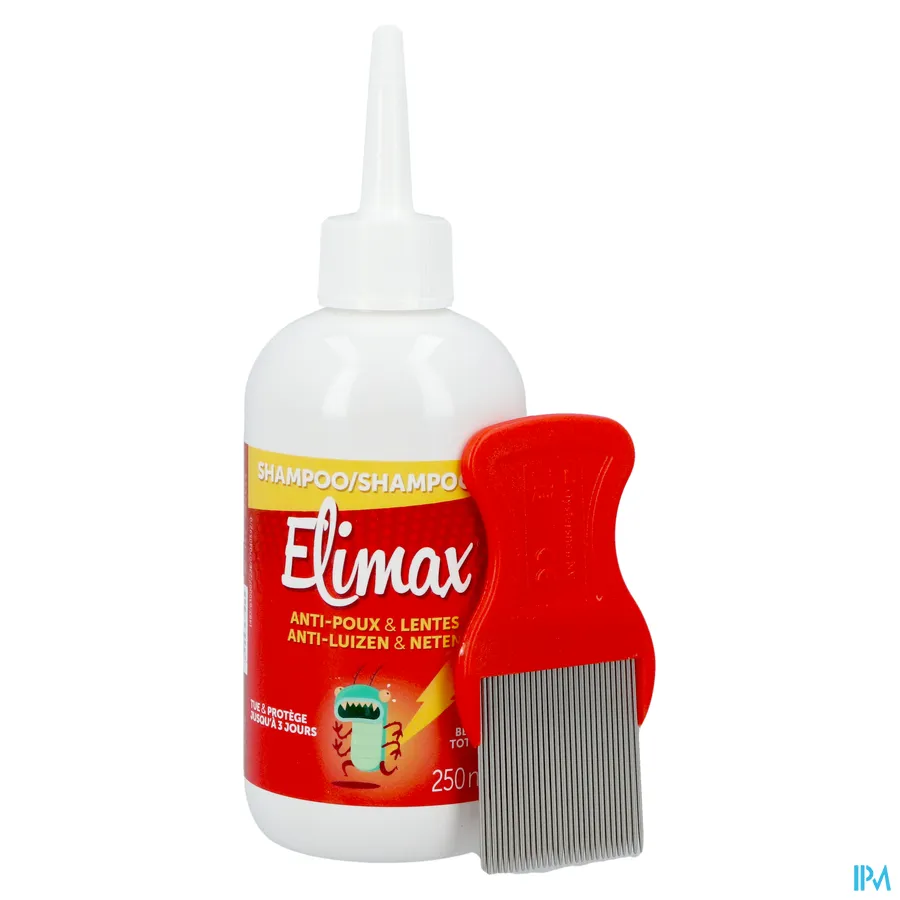 productshot van Elimax 2-in-1 Dodende en Beschermende Anti-Luizen en Anti-Neten Shampoo Zonder Insecticide Promopack 250 ml met Gratis Kam