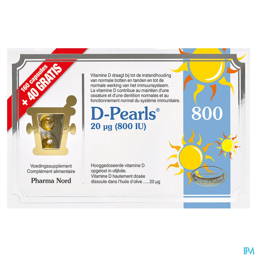 packshot van Pharma Nord D-Pearls 800 Promo 160 + 40 capsules