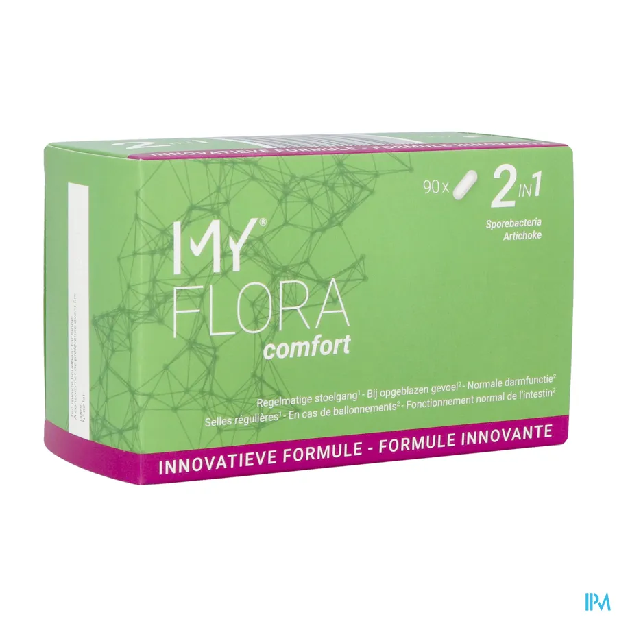 packshot van My Flora Comfort voor Ondersteuning van de Normale Stoelgang en Darmfunctie 2-in-1 met Sporebiotica en Artisjok 90 Capsules