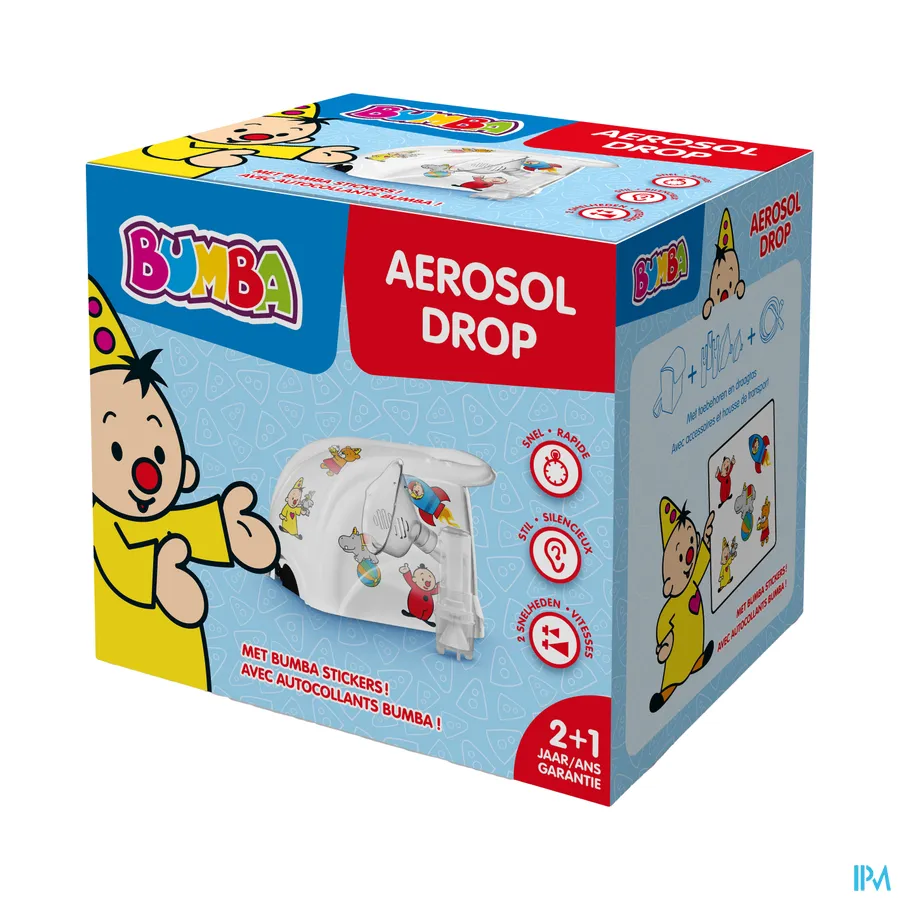 packshot van Bumba Aerosol Drop met Bumba Stickers 1 Aerosoltoestel