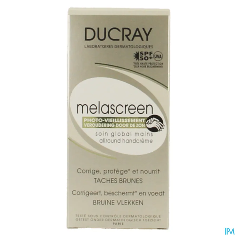 packshot van Ducray Melascreen Allround Handcrème met SPF 50+ tegen Bruine Vlekken Tube 50 ml