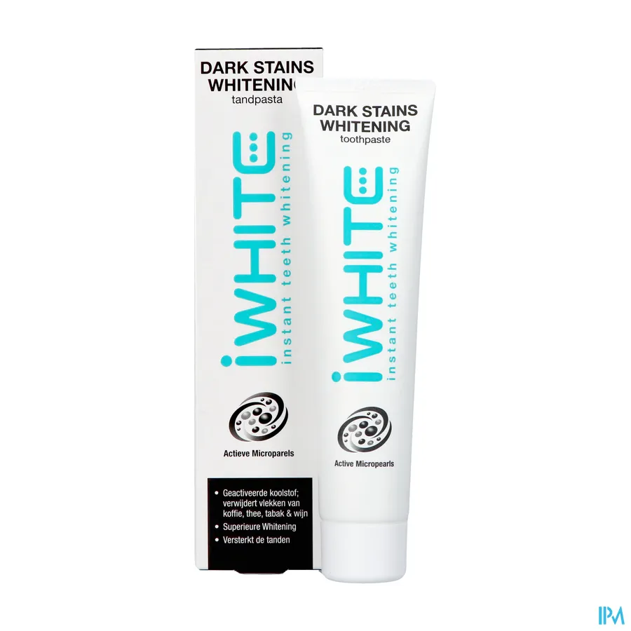packshot van I White Dark Stains Whitening Tandpasta met Actieve Mircroparels met Geactiveerde Kool voor Verwijdering van Vlekken van Koffie, Thee, Tabak en Wijn Tube 75 ml
