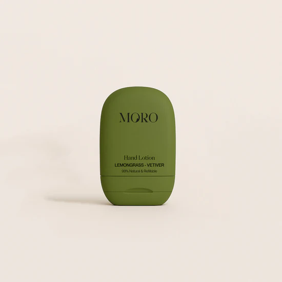 Moro Mini Hand Lotion Starterkit | Lemongrass & Vetiver | Olive green bottle pre-filled 50ml