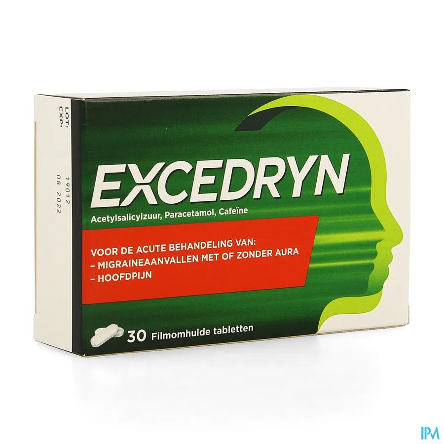 packshot van Excedryn voor Acute Behandeling van Migraineaanvallen met of zonder Aura en Hoofdpijn 30Tabletten